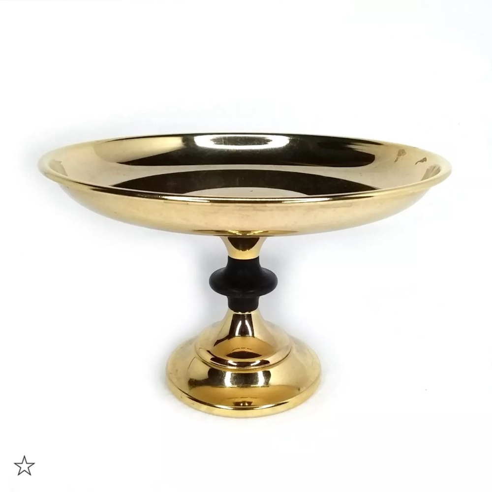 Vintage Kromex Brass Pedestal Tray Gold Tone Metal Wood Accent Round Shape USA